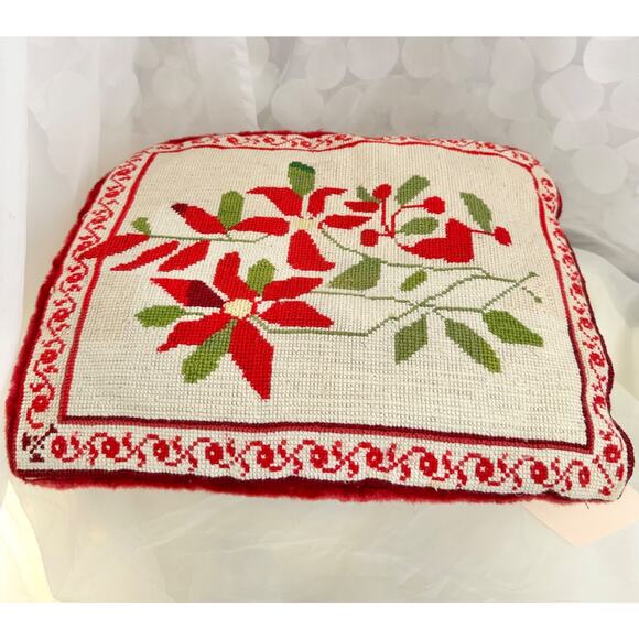 Vintage 60’s Christmas Needlepoint Pillow COVER Poinsettia Red Velvet FOLK ART - Picture 3 of 6
